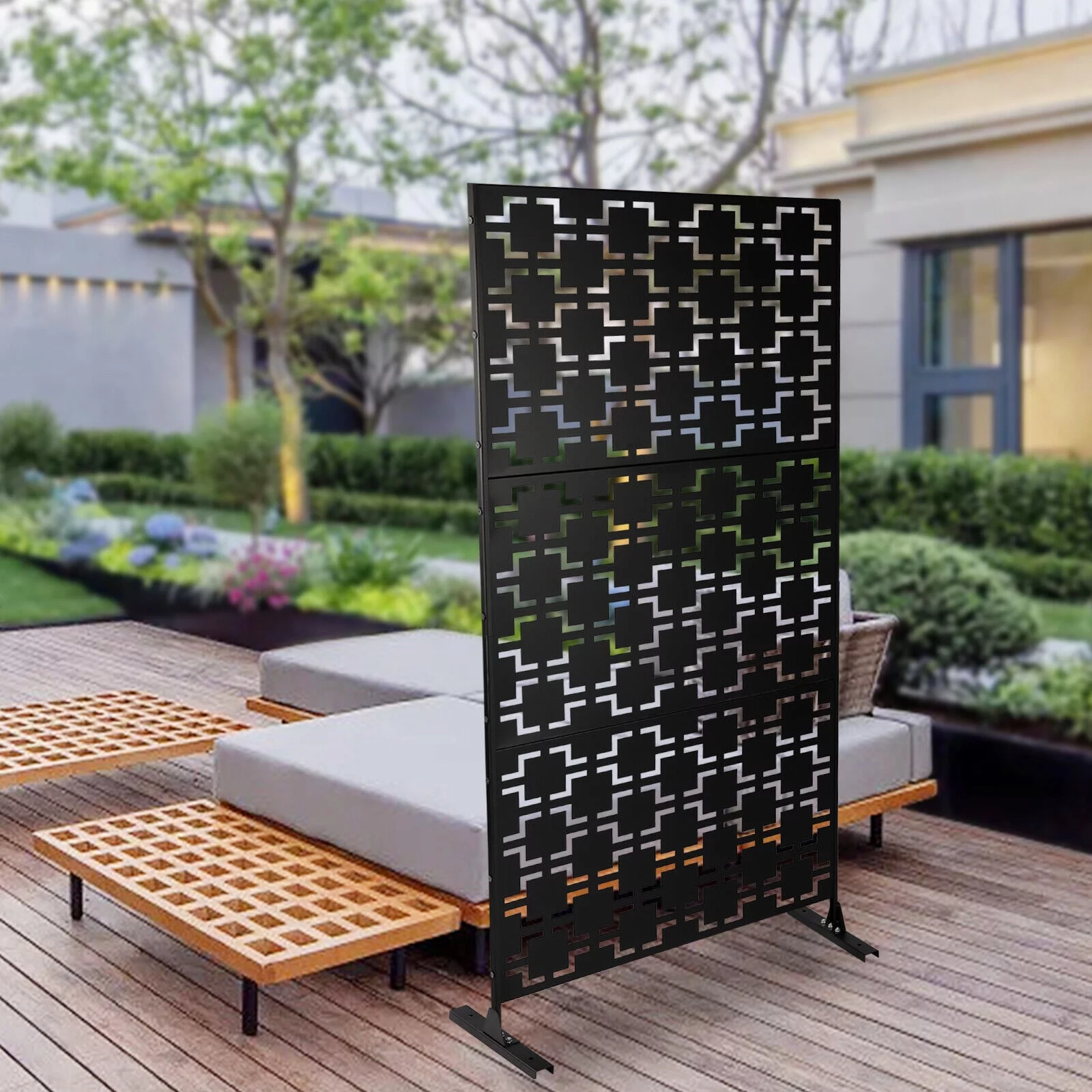 ZhdnBhnos Outdoor Decorative Privacy Screen Panel with Stand, Freestanding Planter Wall Metal Yard Fence Panels Black
