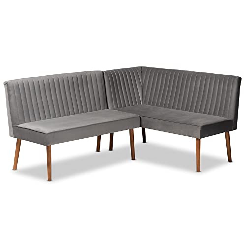 Baxton Studio Alvis Mid-Century Modern Emerald Green Velvet Upholstered and Walnut Brown Finished Wood 2-Piece Dining Nook Banquette Set