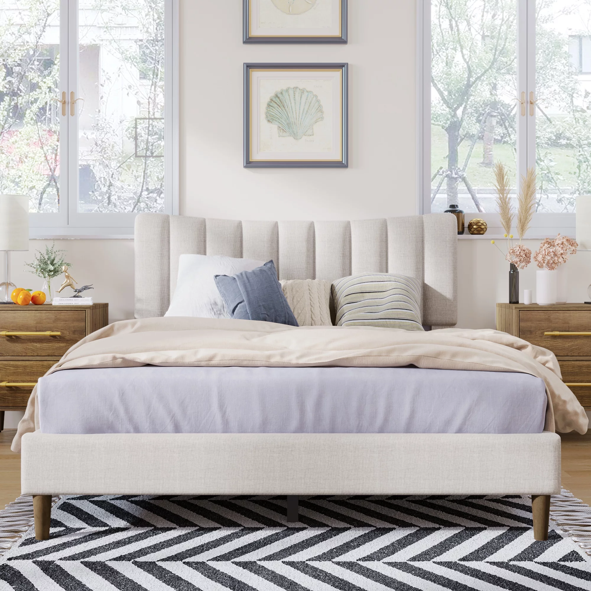 Paproos Bed Frame Queen, New Upgraded Upholstered Platform Bed with Vertical Channel Tufted Headboard, Solid Wood Legs, No Box Spring Needed