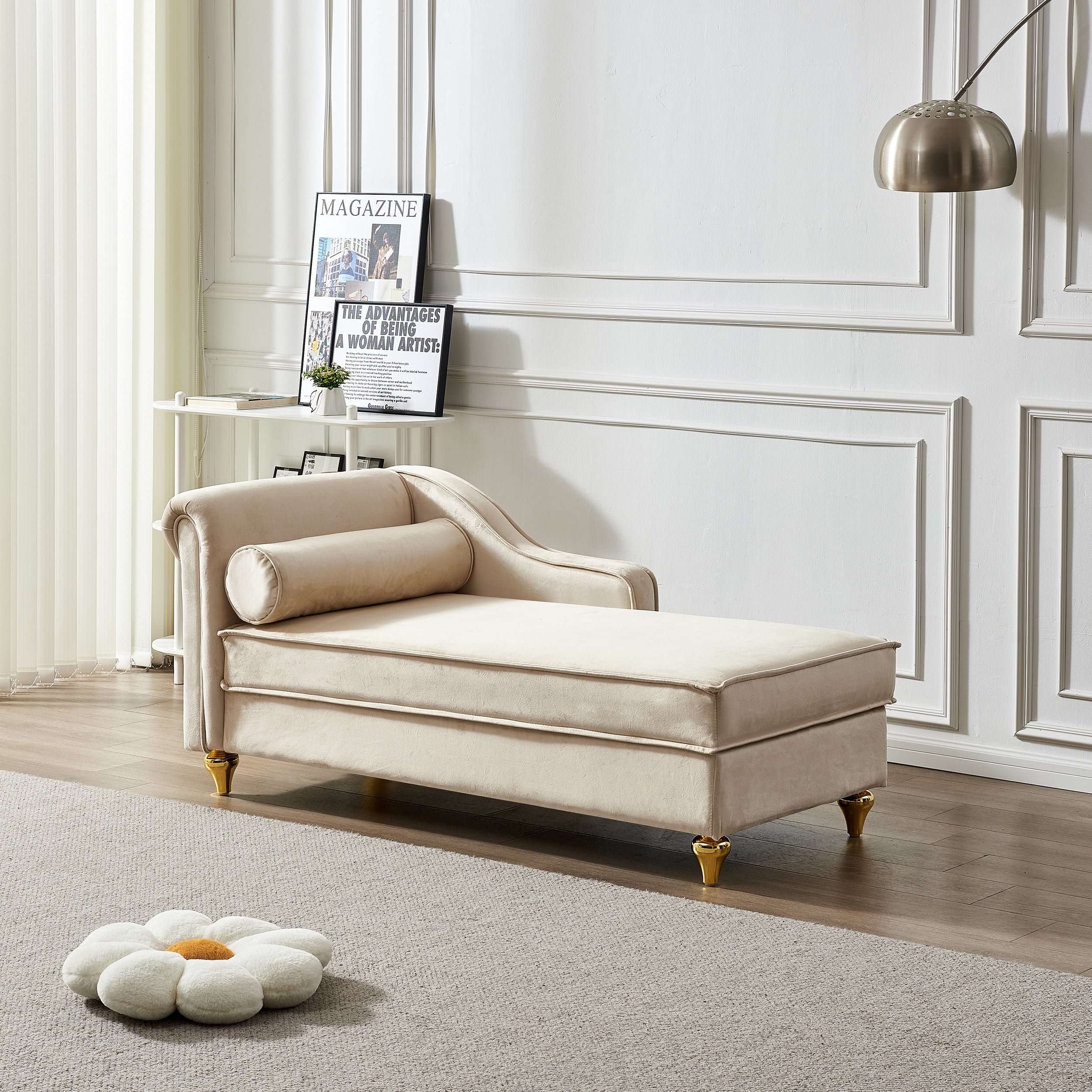 Modern Upholstery Chaise Lounge Chair with Storage Velvet (Beige)