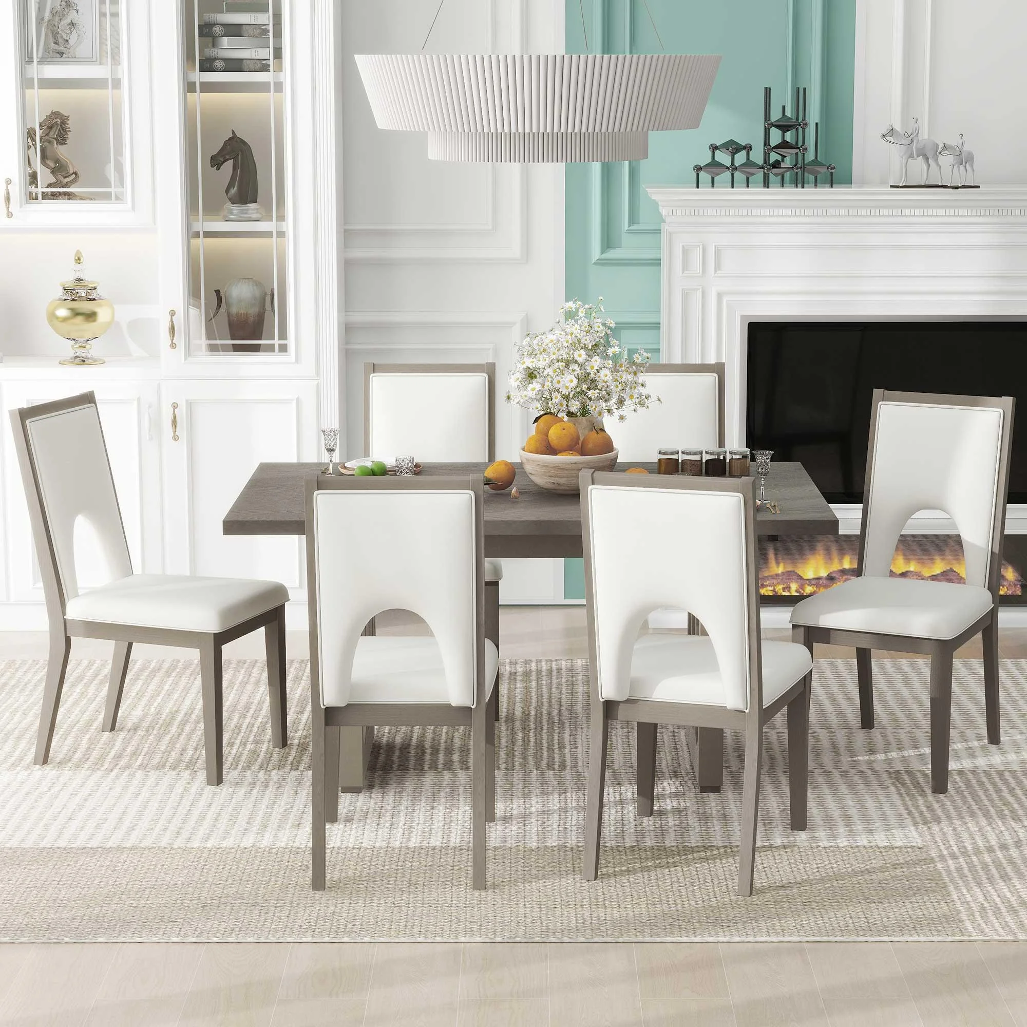 Wood Dining Table Set for 6, Atumon 7 Piece Dining Room Set, Dining Table Set with 6 Beige Cushioned Chairs, Farmhouse Dining Table Set