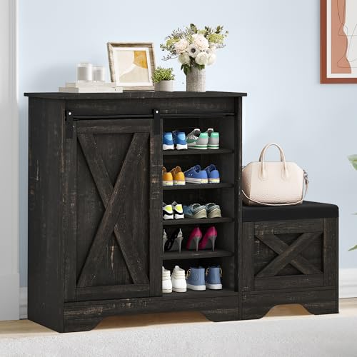 DWVO Farmhouse Shoe Cabinet with Sliding Door & Shoe Bench, 5-Tier Shoe Storage Cabinet with Adjustable Shelves for 20 Pairs