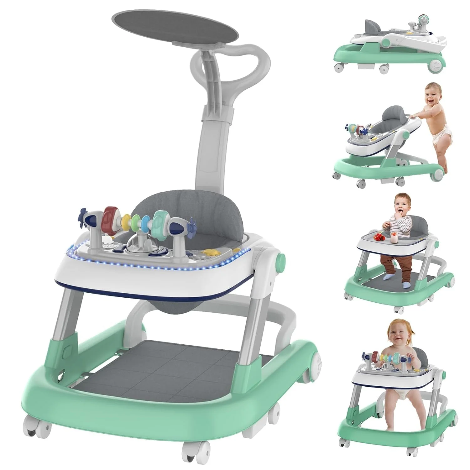Foldable Baby Walker, Toddler Walker Bouncer, Learning-Seated, Music, Adjustable Height, High Back Padded Seat, Baby Walkers and Activity Center