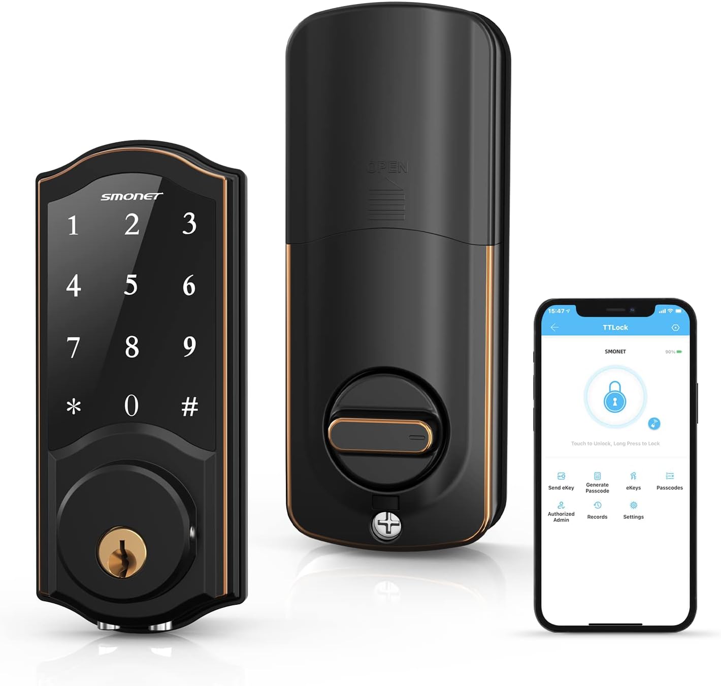 Smart Deadbolt, SMONET Door Lock Keyless Entry, Bluetooth Locks Front Door Touchscreen Keypad, Physical Keys, Auto Lock, Remote Share,Send eKey