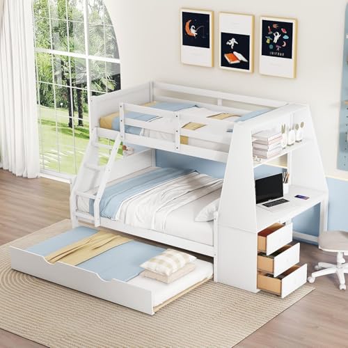 Twin Over Full Bunk Bed with Desk and Trundle, Wooden Bunk Beds Twin over Full Size with Storage Drawers and Shelf