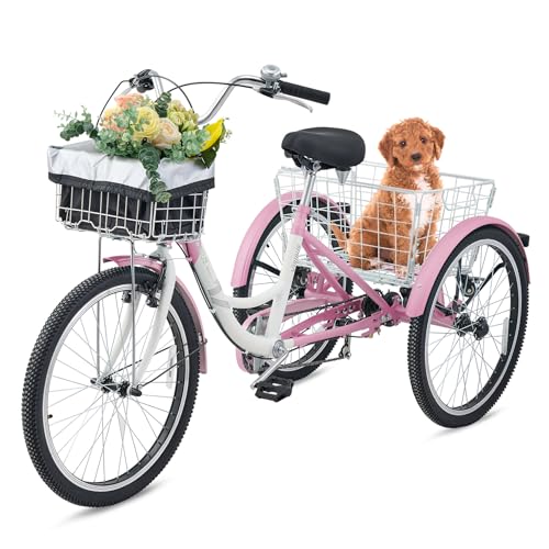 Viribus Adult Tricycle, 7 Speed Tricycle for Adults with Front & Rear Removable Wheeled Baskets, 3 Wheel Bikes for Adults Seniors Women Men