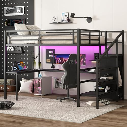 SOFTSEA Queen Size Loft Bed with L-Shaped Desk, Wardrobe, Metal Loft Bed with LED Lights and USB Ports, Space Saving Bed Frame with Storage Stairs