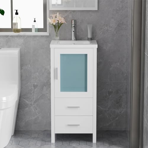 16" Small Bathroom Vanity with Sink, Single Sink Bathroom Vanity Combo for Small Space, Modern Bathroom Sink Cabinet with Faucet and Drain (White)