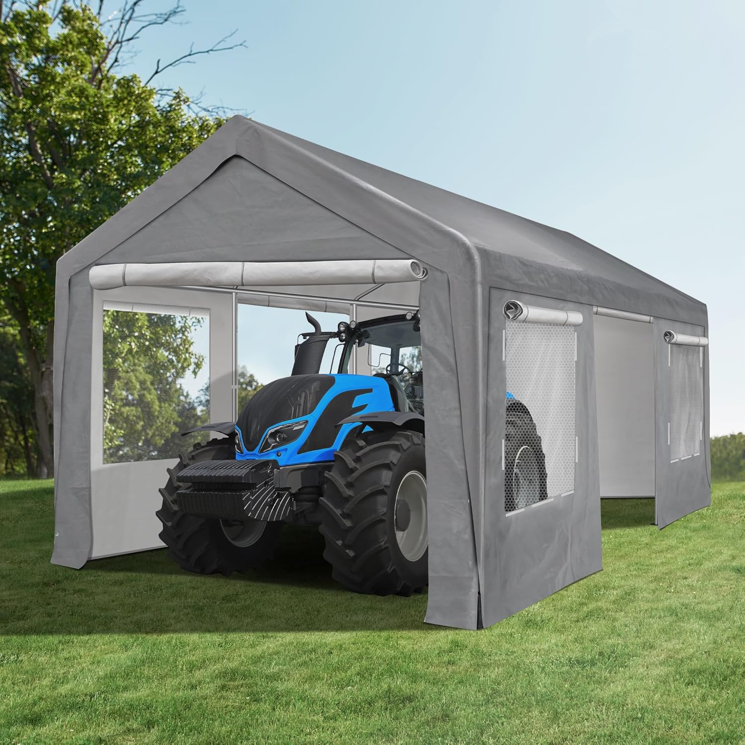 10'x20' Portable Carport Garage, Outdoor Storage Shelter Shed, Durable Zipper Car Canopy with Roll-up Doors and Windows, Heavy Duty Metal Frame