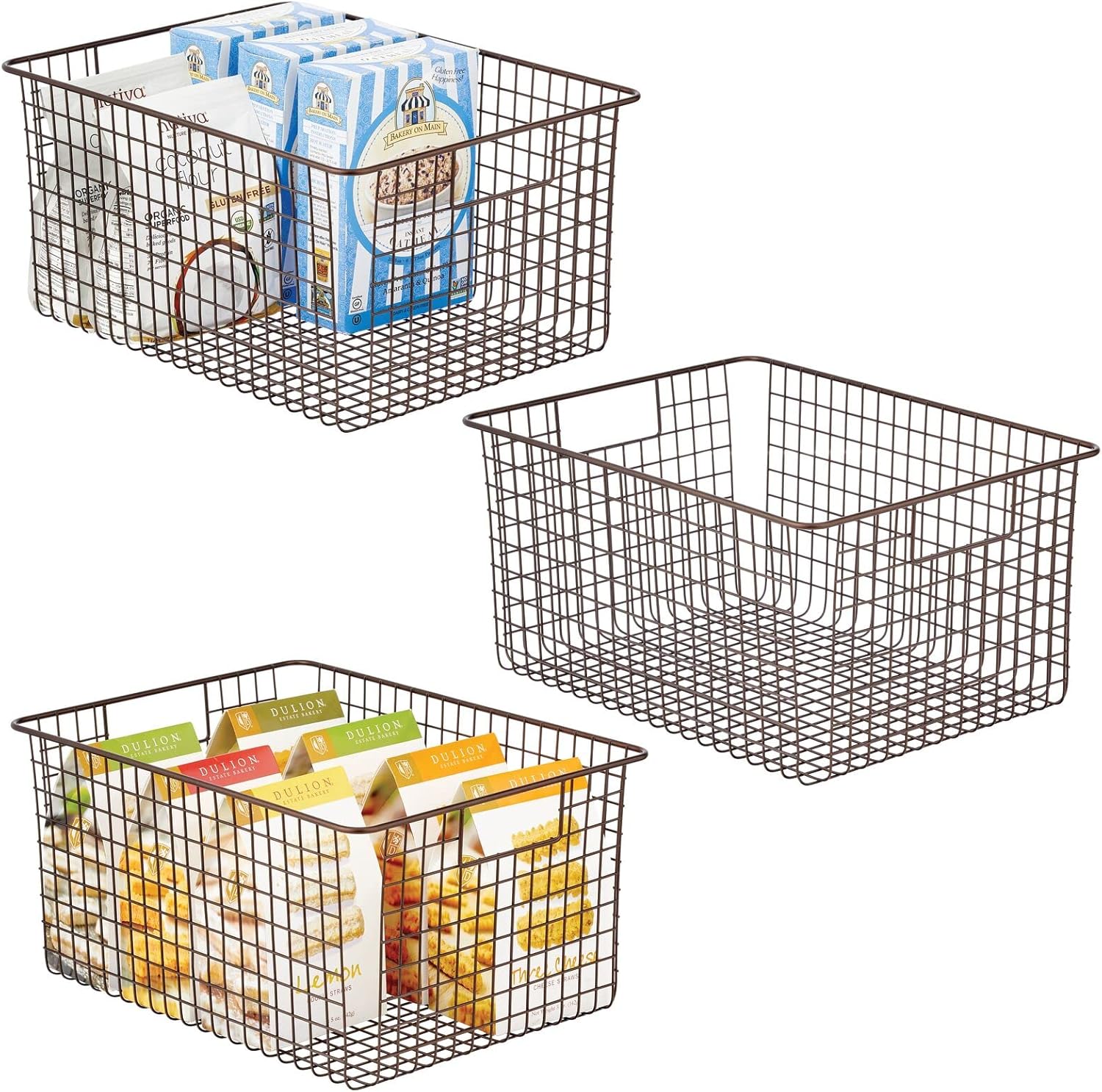 mDesign Farmhouse Decor Metal Wire Food Organizer Storage Bin Baskets with Handles for Kitchen Cabinets, Pantry, Bathroom, Laundry Room, Closets