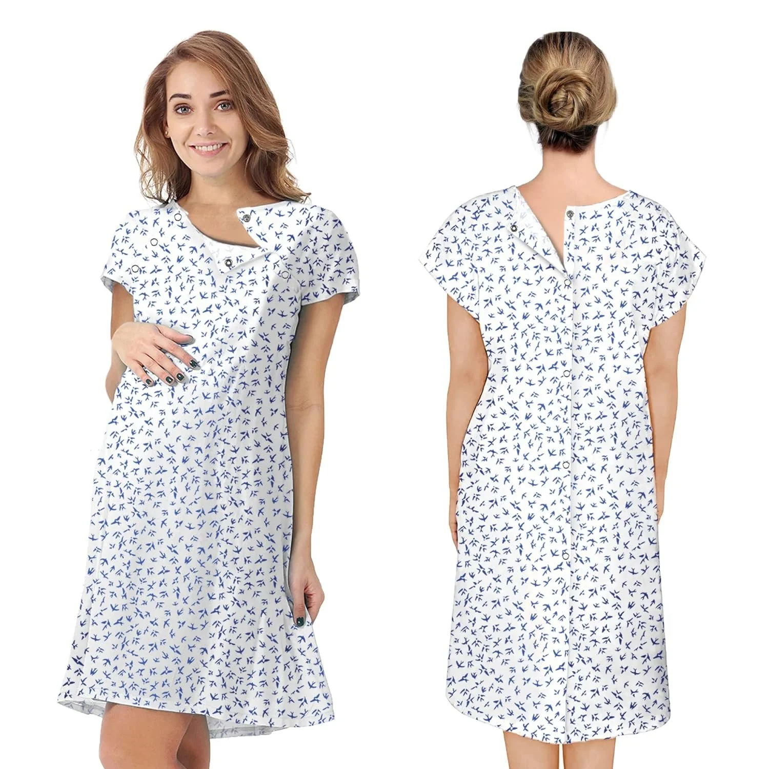 Hospital Gowns for Women, Pack of 3 Medium White Patient Gowns with Bird Print, Short Sleeves, Front and Back Snaps, Soft Cotton Patient Gown