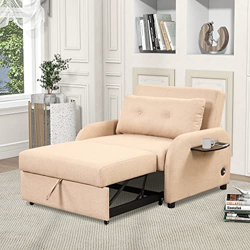 Pull Out Sleeper Chair Convertible Chair to Bed 3-in-1 Single Sofa Bed with Adjustable Backrest Comfy Chaise Lounge Chair Indoor Modern Recliner