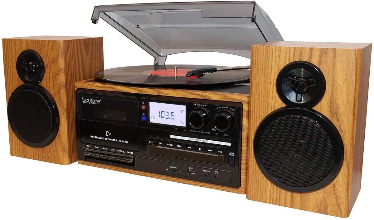 Boytone BT-28SPW, Bluetooth Classic Style Record Player Turntable with AM/FM Radio, CD/Cassette Player, 2 Separate Stereo Speakers, Record from Vinyl
