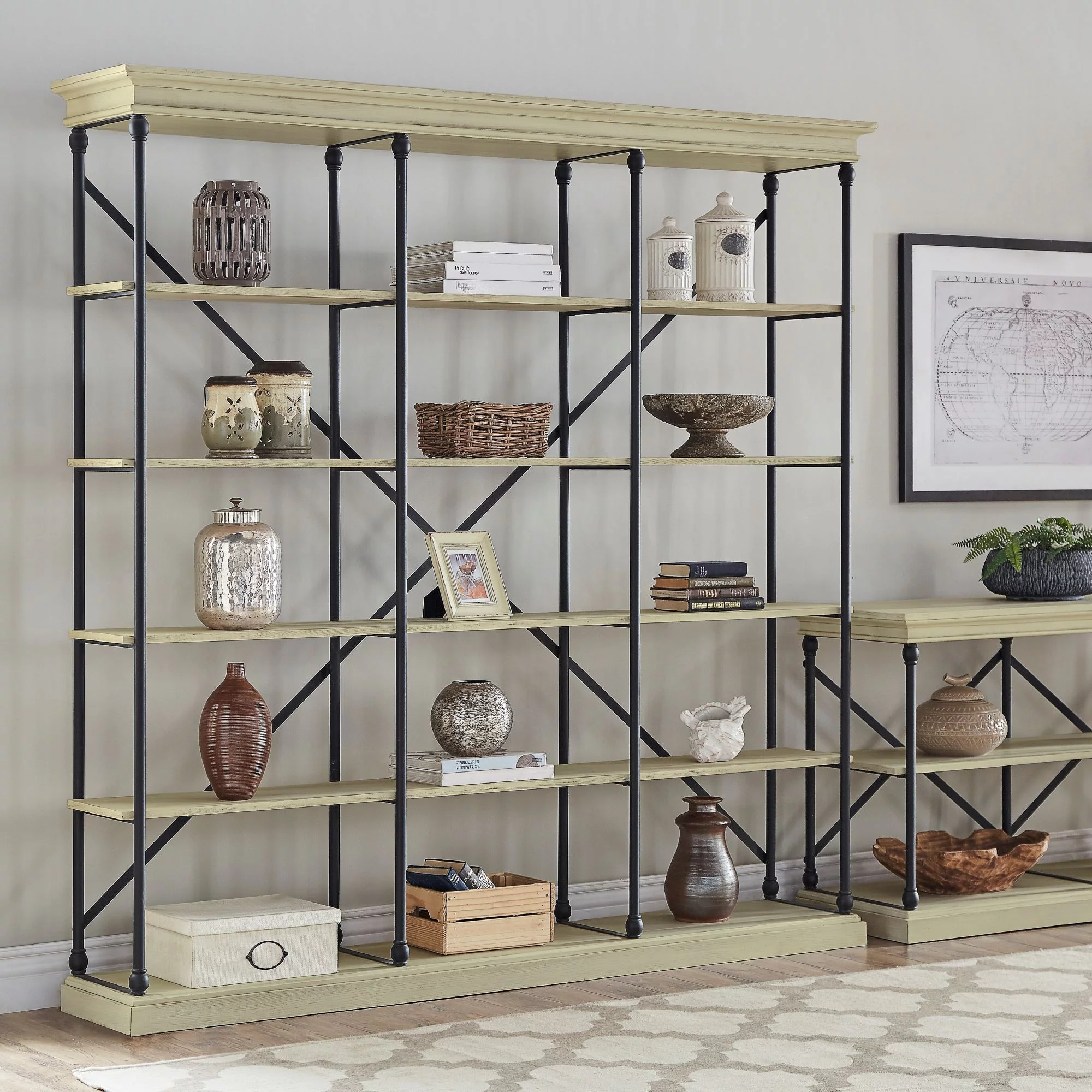 Weston Home Cabana 5 Shelf Triple Bookcase, Ivory/Black