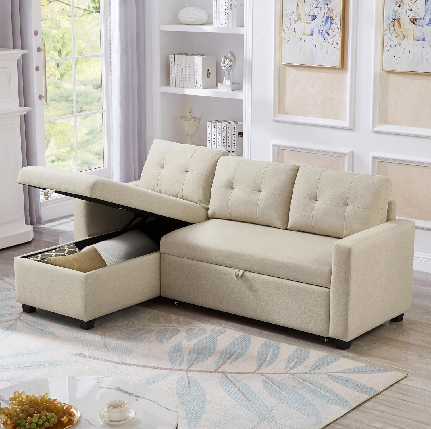 81.5" Convertible Sofa Sectional L-Shape Sleeper Storage Chaise&Pull-Out Bed,Upholstered Reversible Corner Couches for Living Room, Apartment