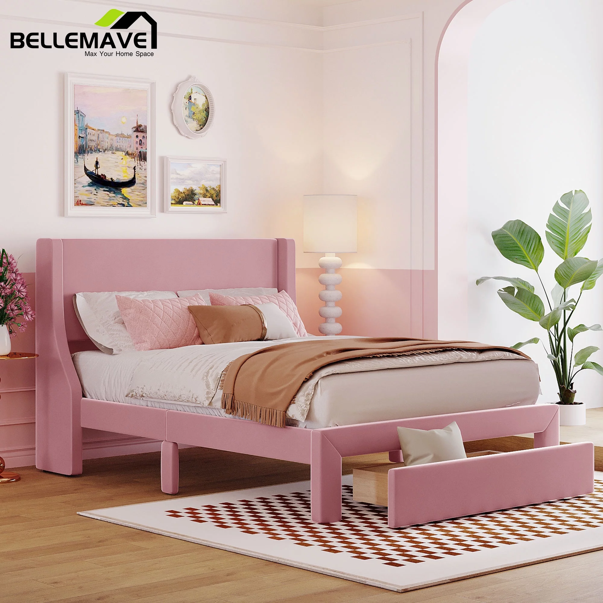 Bellemave Full Size Pink Velvet Upholstered Platform Bed with One Spacious Drawer and Wood Slats