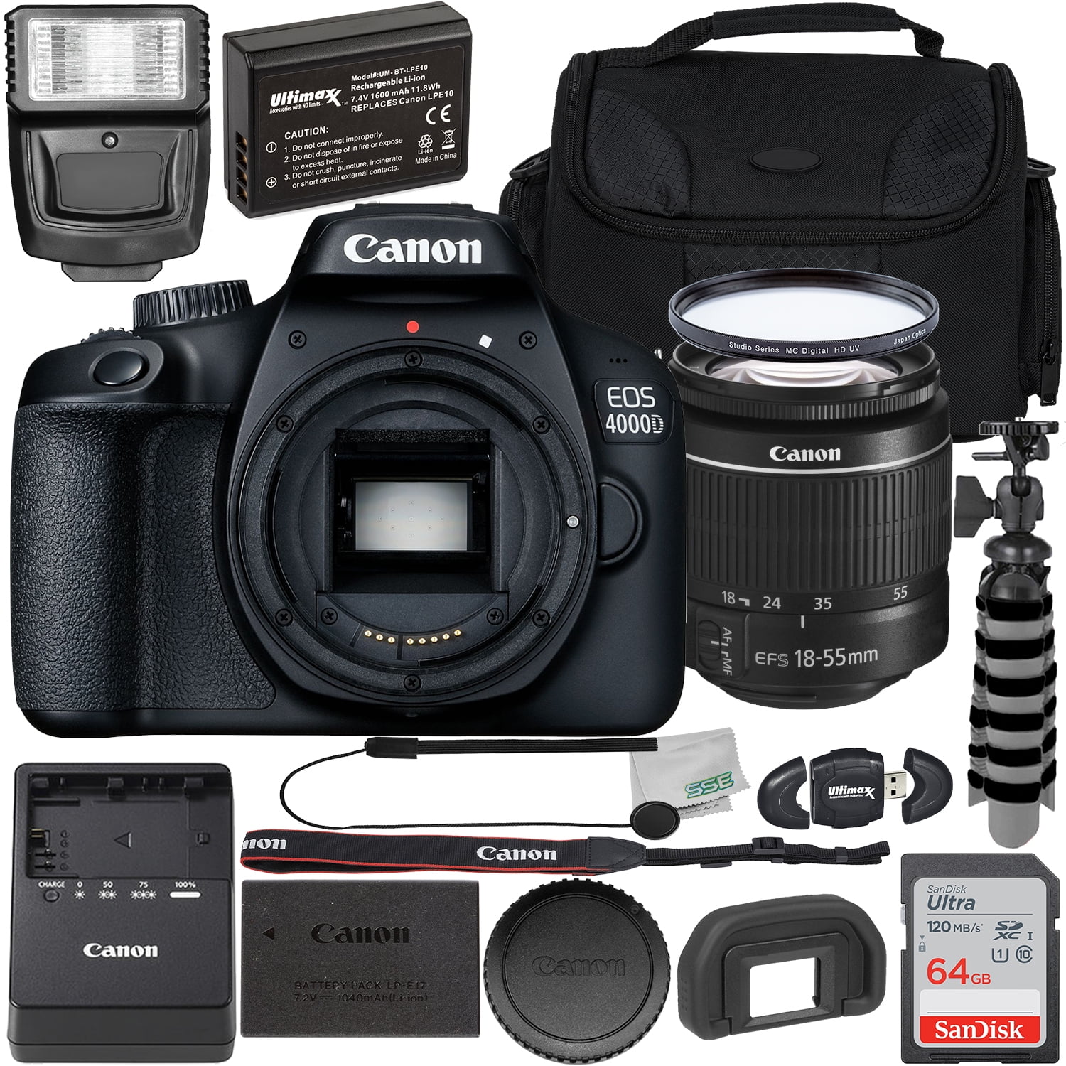 Canon EOS 4000D DSLR with EF-S 18-55mm f/3.5-5.6 III Lens & Starter Accessory Bundle: SanDisk Ultra 64GB SDXC, Digital Flash