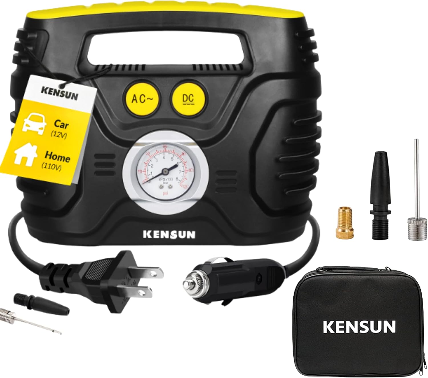 Kensun Portable Air Compressor Pump for Car 12V DC and Home 110V AC Swift Performance Tire Inflator 100 PSI for Car - Bicycle - Motorcycle