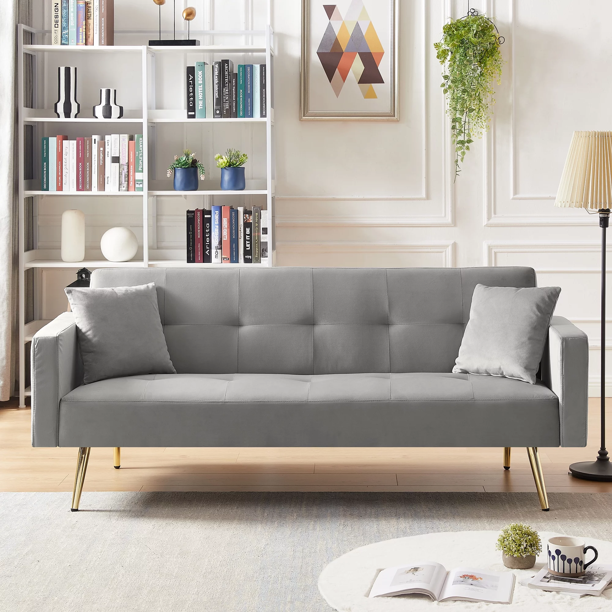 Gray Velvet Sofa, KAMIDA Futon Sofa Bed, Convertible Sofa Bed with 2 Pillows, Modern Couch and Sofa, Sofa Bed with Metal Legs
