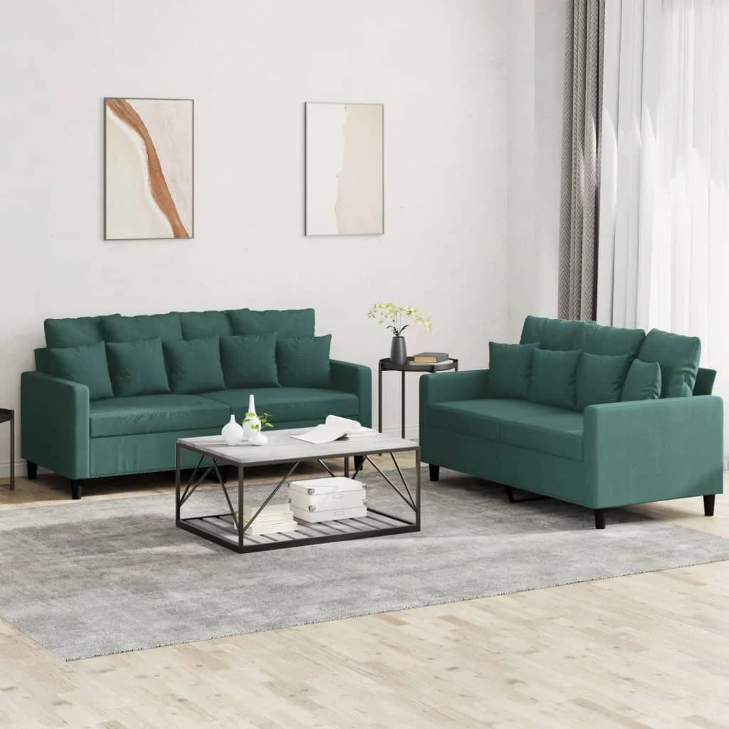 2 Piece Sofa Set with Cushions Dark Green Velvet