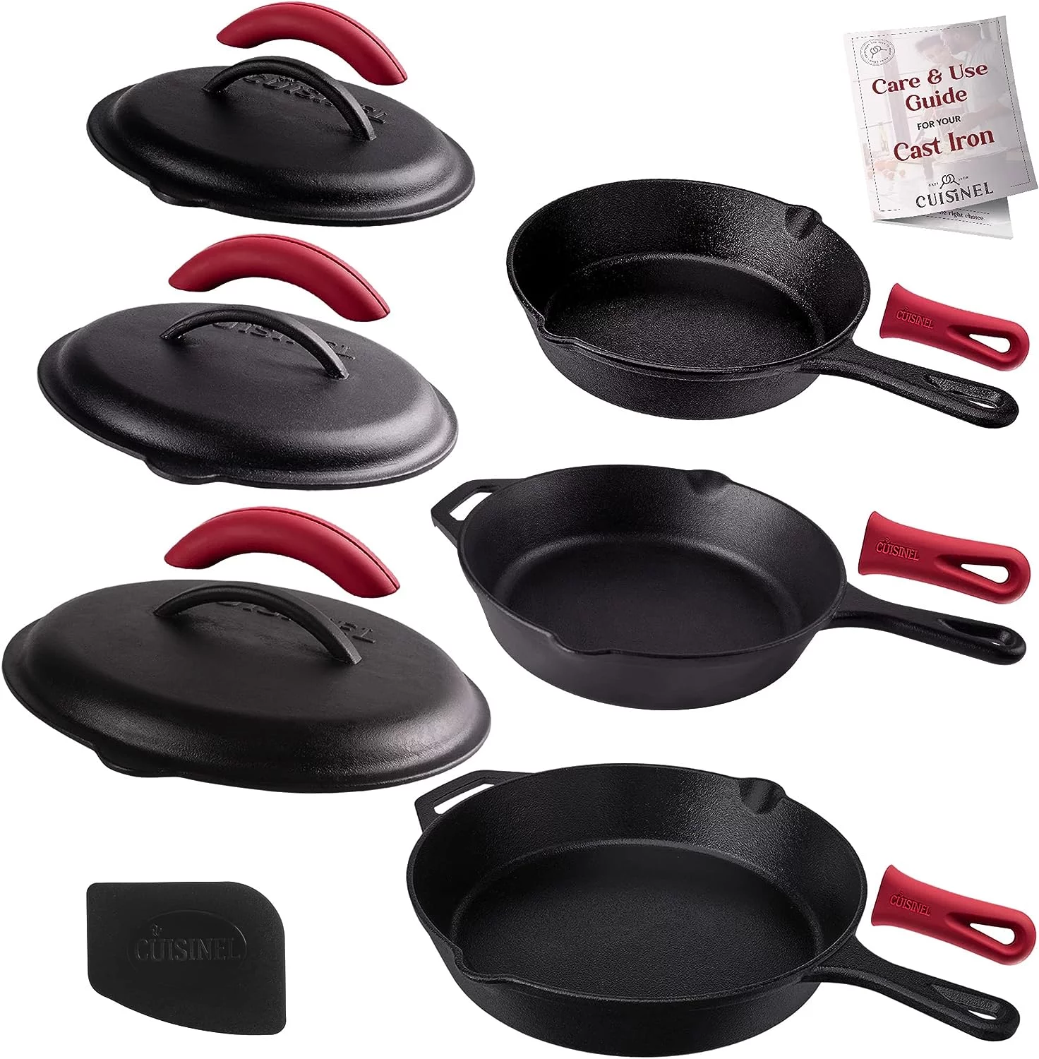 Cast Iron Skillet Set with Lids - 8"+10"+12"-inch Pre-Seasoned Covered Frying Pan Set + Silicone Handle and Lid Holders + Scraper/Cleaner