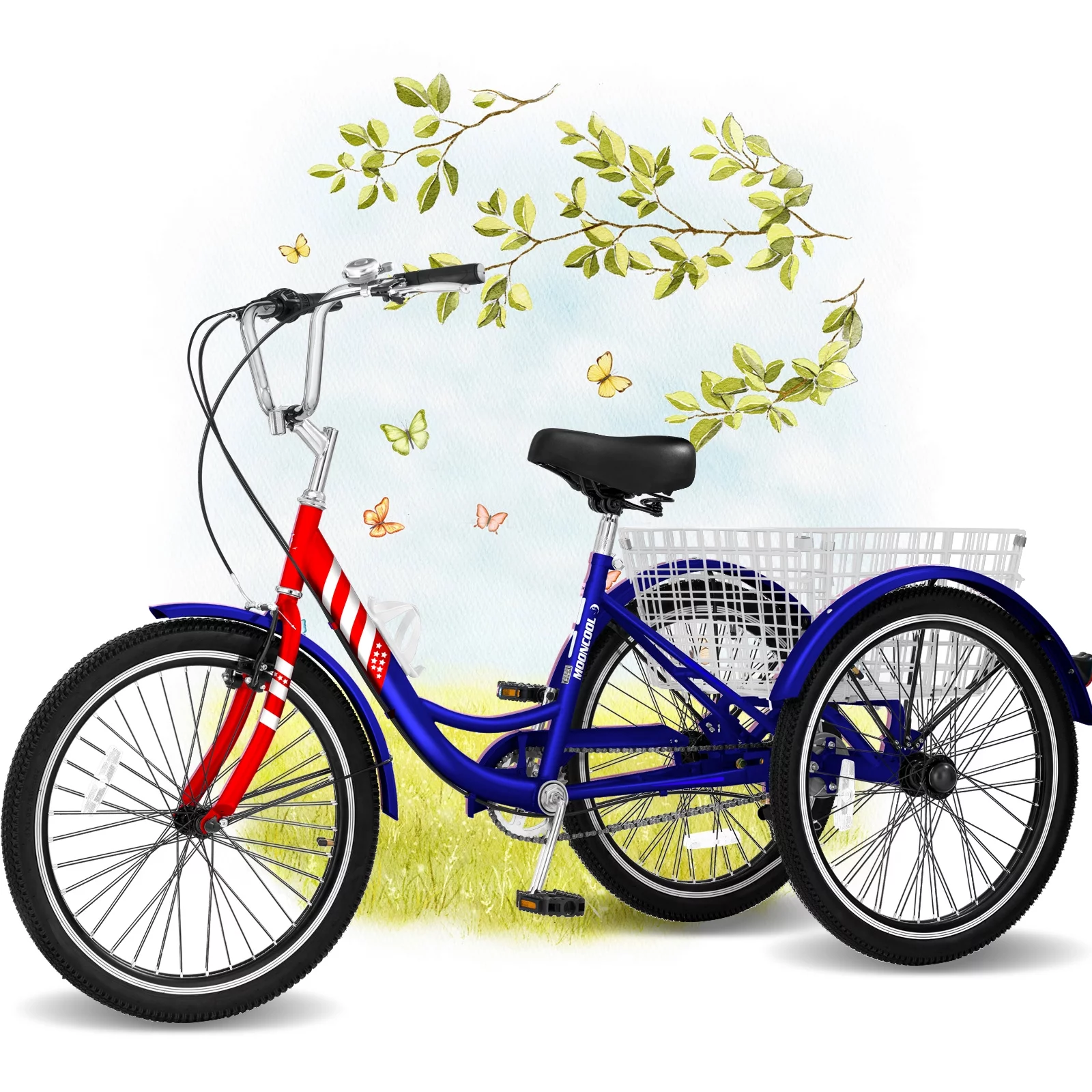 Lilypelle 24in Adult Tricycle 1-Speed ,3 Wheel Bicycles with Baskets,Adult Trike 350 Weight Capacity for Senior,Woman,Man,Star & Strip