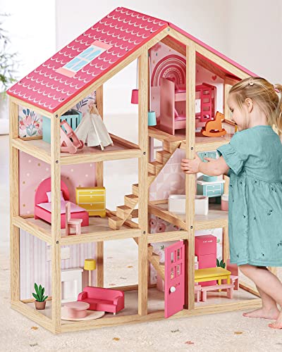 Tiny Land Wooden Dollhouse for Girls - 6 Rooms Wooden Doll House, DIY Pretend Doll House with 31Pcs Furniture Accessories