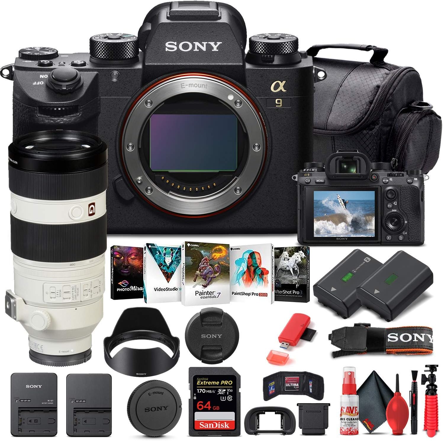 Sony Alpha a9 Mirrorless Digital Camera (Body Only) (ILCE9/B) + Sony FE 100-400mm Lens + 64GB Memory Card + NP-FZ-100 Battery + Corel Photo Software