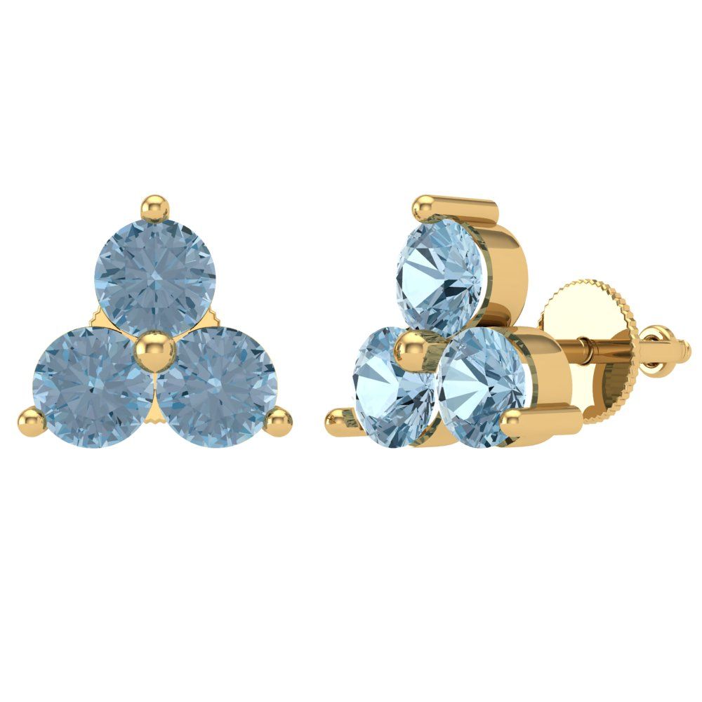 Yellow Gold Solitaire Stud Earrings - 3.0 Ct Brilliant Round Cut Studs Simulated Blue Diamond 14K, Earrings Screw Back