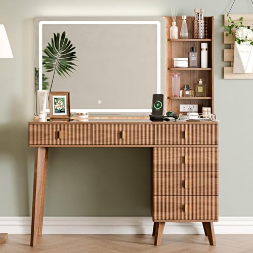 Large Makeup Vanity Desk with Mirror and Lights, Vanity Desk with 6 Drawers & Storage Shelves, Vanity Table with Power Outlet
