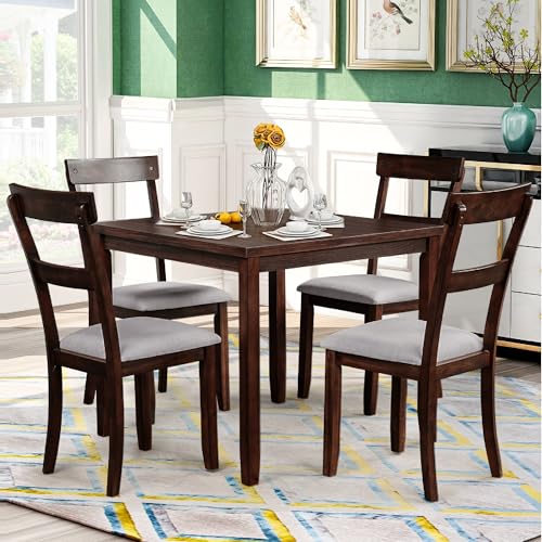 Merax Dining Table Set of 4 Upholstered Chairs & Natural Wood Grain Tabletop Mid-Century Home Furniture Perfect for Kitchen, Apartment and Dinette