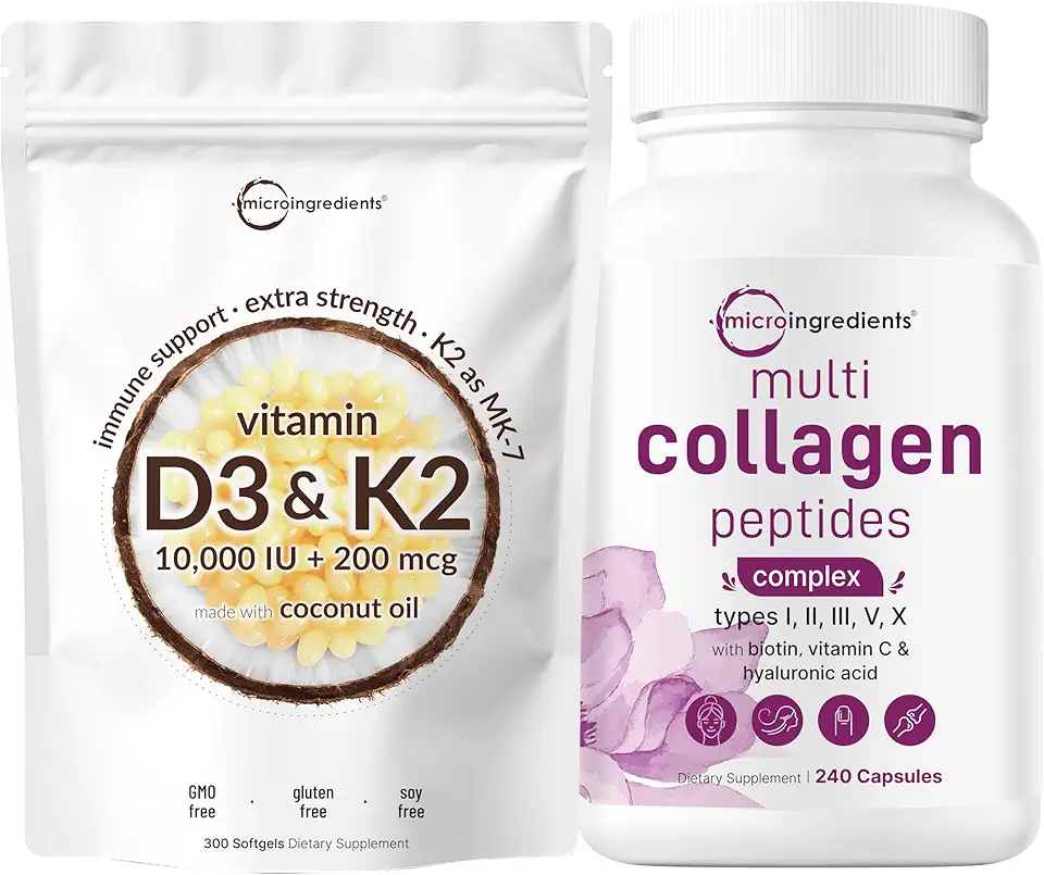 Micro Ingredients Vitamin D3 10000 iu + K2 200 mcg Coconut Oil Softgels & Multi Collagen Complex for Women Bundle 2 Pack | Essential Sunshine