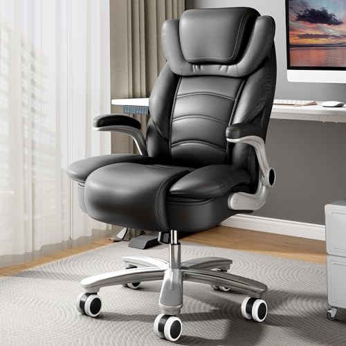 Big and Tall Office Chair 400lb Wide Seat, High Back Leather Executive Office Chair with Flip-up Arms, Ergonomic Computer Desk Chairs for Home Office