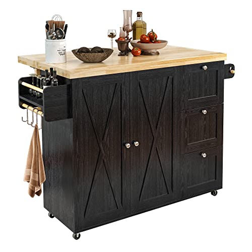 IRONCK Rolling Kitchen Island Cart with Drop-Leaf Countertop, Barn 3Drawers, Barn Door Style Cabine,Thicker Rubberwood Top, Spice Rack, on Wheels