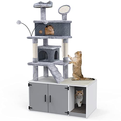 GDLF Cat Litter Box Enclosure,All-in-One Large Cat Tree with Washroom and Sisal Scratching Post & Pad 65”