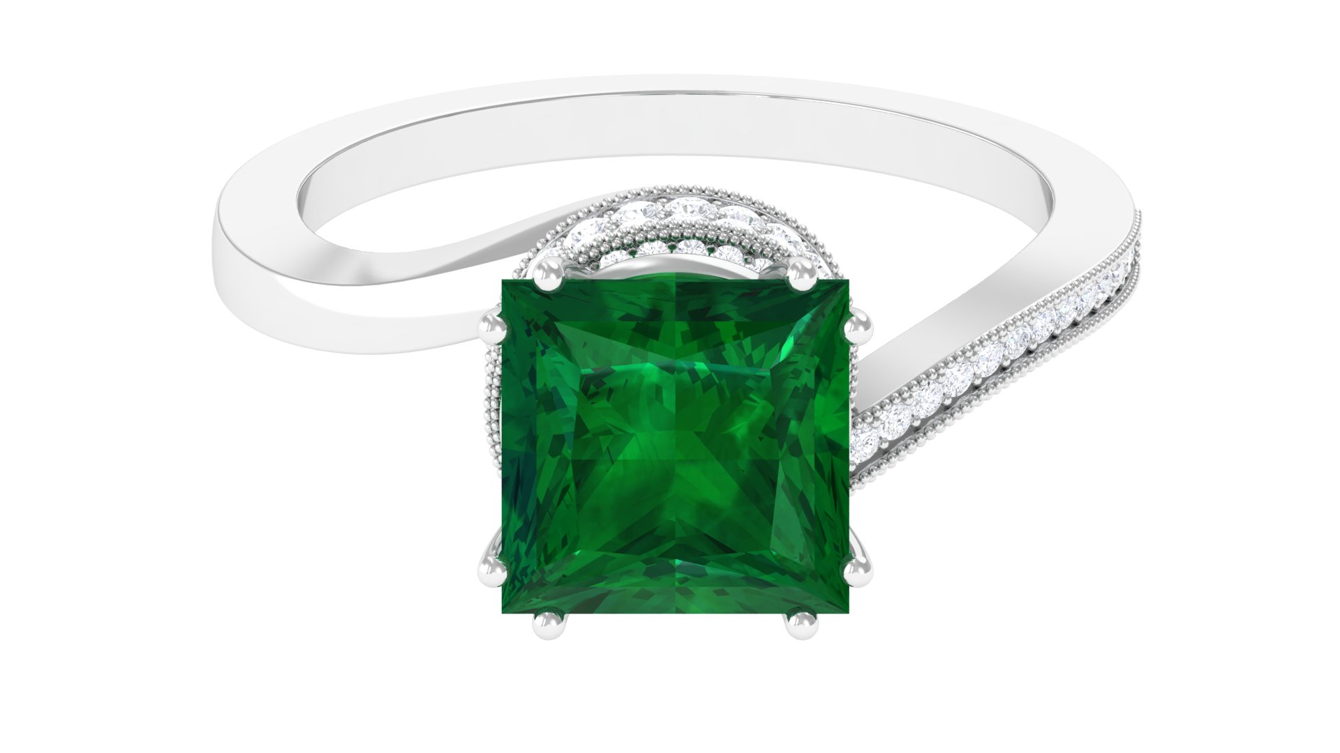 Lab Grown Emerald Solitaire Ring with Diamond, Princess Cut Ring - 8 mm, 925 Sterling Silver, US 10.00
