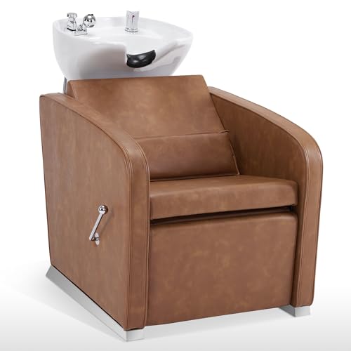 BarberPub Backwash Shampoo Station Chair, Adjustable Porcelain Ceramic Hair Wash Bowl Sink Unit Station