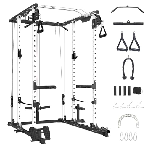 GaveeLife Power Cage, 2000 LBS Power Rack with Cable Cross-Over System, Multi-Functional Strength Training Squat Rack with LAT Pull Down System