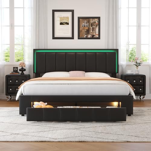 Harper & Bright Designs 3-Pieces Bedroom Sets,Queen Size Upholstered Bed with LED Lights and Two Motion Activated Night Lights