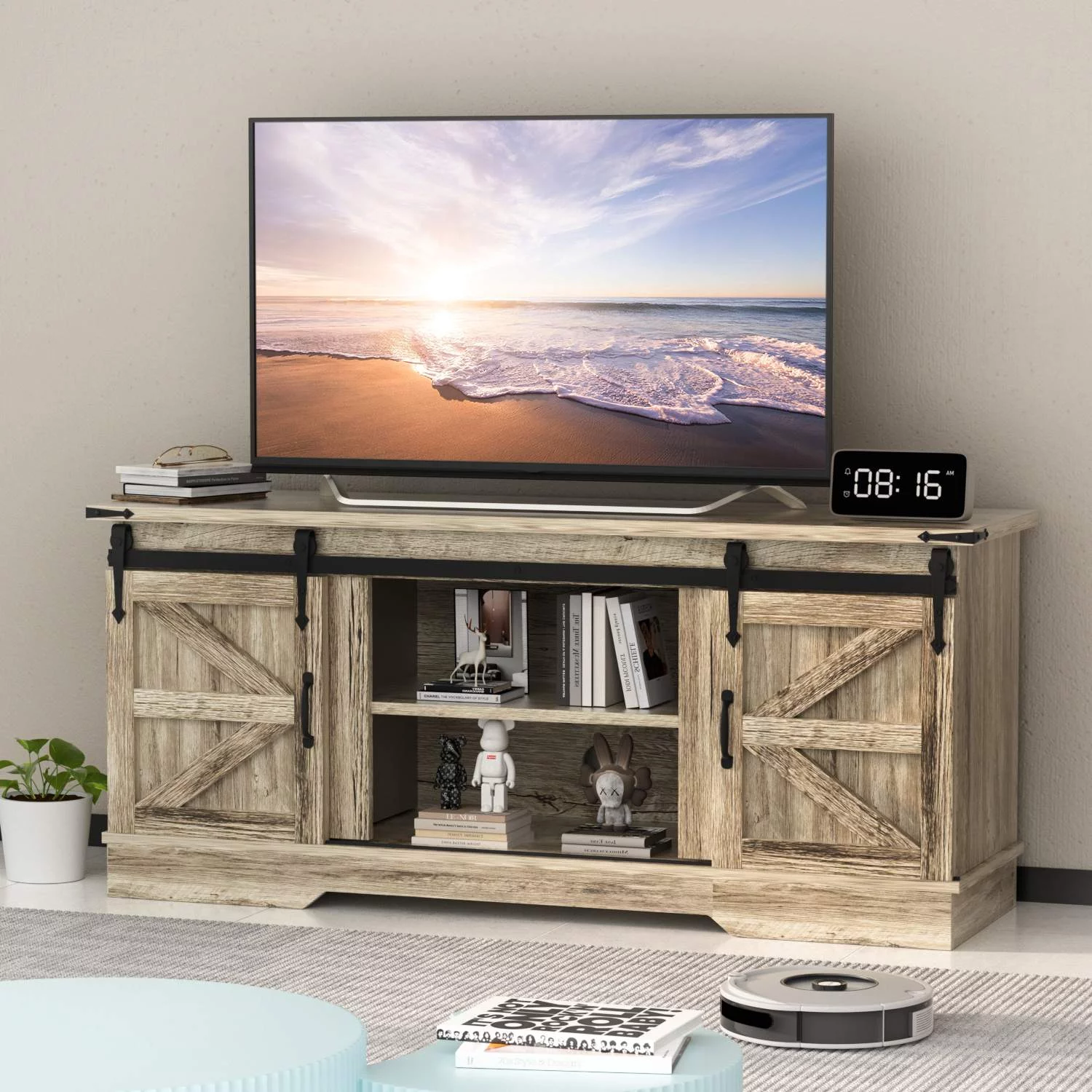 Sonegra Farmhouse TV Stand for TVs up to 65”, Entertainment Center with Storage, Rustic Console Table for Living Room, Grey