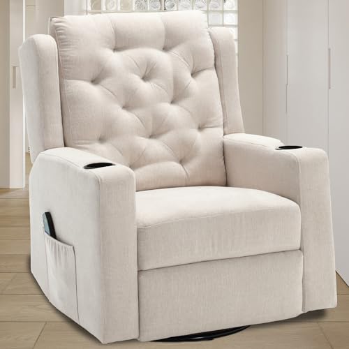 Oversized Swivel Rocker Recliners with Wide Seat Tufted Fabric Manual Recliner Chair with Cup Holders for Living Room