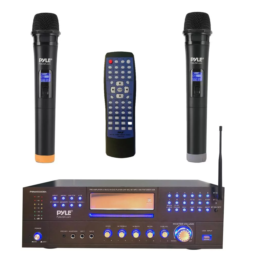 Pyle PWMA5000BA - Home Theater Preamplifier - Pro Audio Stereo Receiver System with Multimedia Disc Player, 2CH UHF Mic/MP3/USB Reader