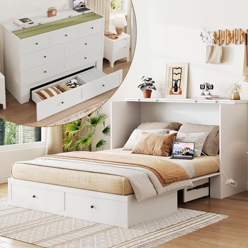Queen Murphy Bed with Storage & Charging Station, Murphy Cabinet with Foldable Panel, Noisy Free, for Guest Bedroom, Living Room, Office