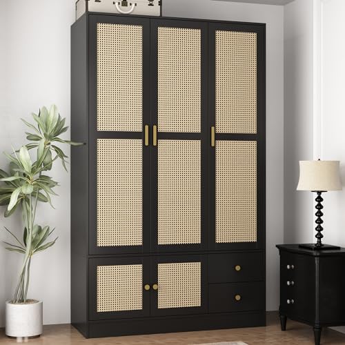 Hitow Rattan Large Wardrobe Closet with 2 Drawers and Doors, Hobo Wooden Cabinets for Clothes with 8 Shelves and 2 Hanging Rods