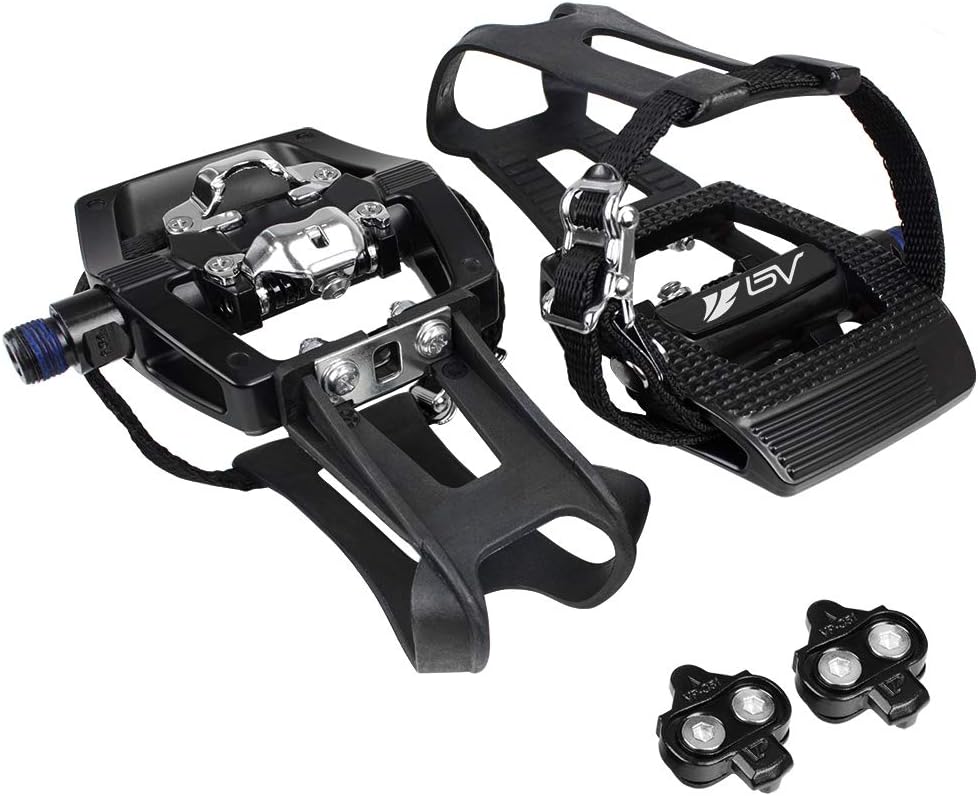 BV Bike Shimano SPD Compatible 9/16'' Pedals with Toe Clips (SPD Cleats Included) - MTB/Spin/Indoor/Exercise/Peloton Bicycle Pedal Pack of 2