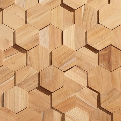 Teak UltraWood Hexagon Wall Panels in Natural - 3D Hexagonal Wall Covering for Feature Walls - Modern Peel-and-Stick Wallpaper Alternative