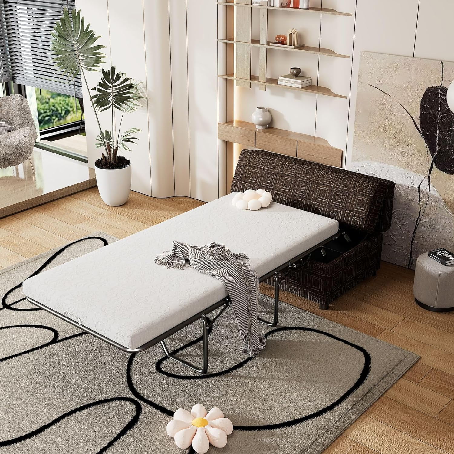 Folding Ottoman Bed Full Size with Mattress, Pull Out Linen Sleeper Sofa Bed Convertible Guest Bed, Murphy Bed for Living Room Apartment Bedroom