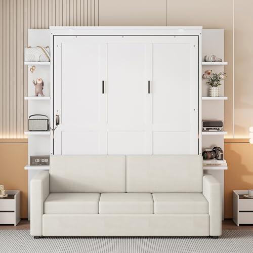 P PURLOVE Queen Size Murphy Bed with Sofa, Wall Bed with Wood Slat Support, Space-Saving Folding, No Box Spring Needed, Easy Assembly, Gray