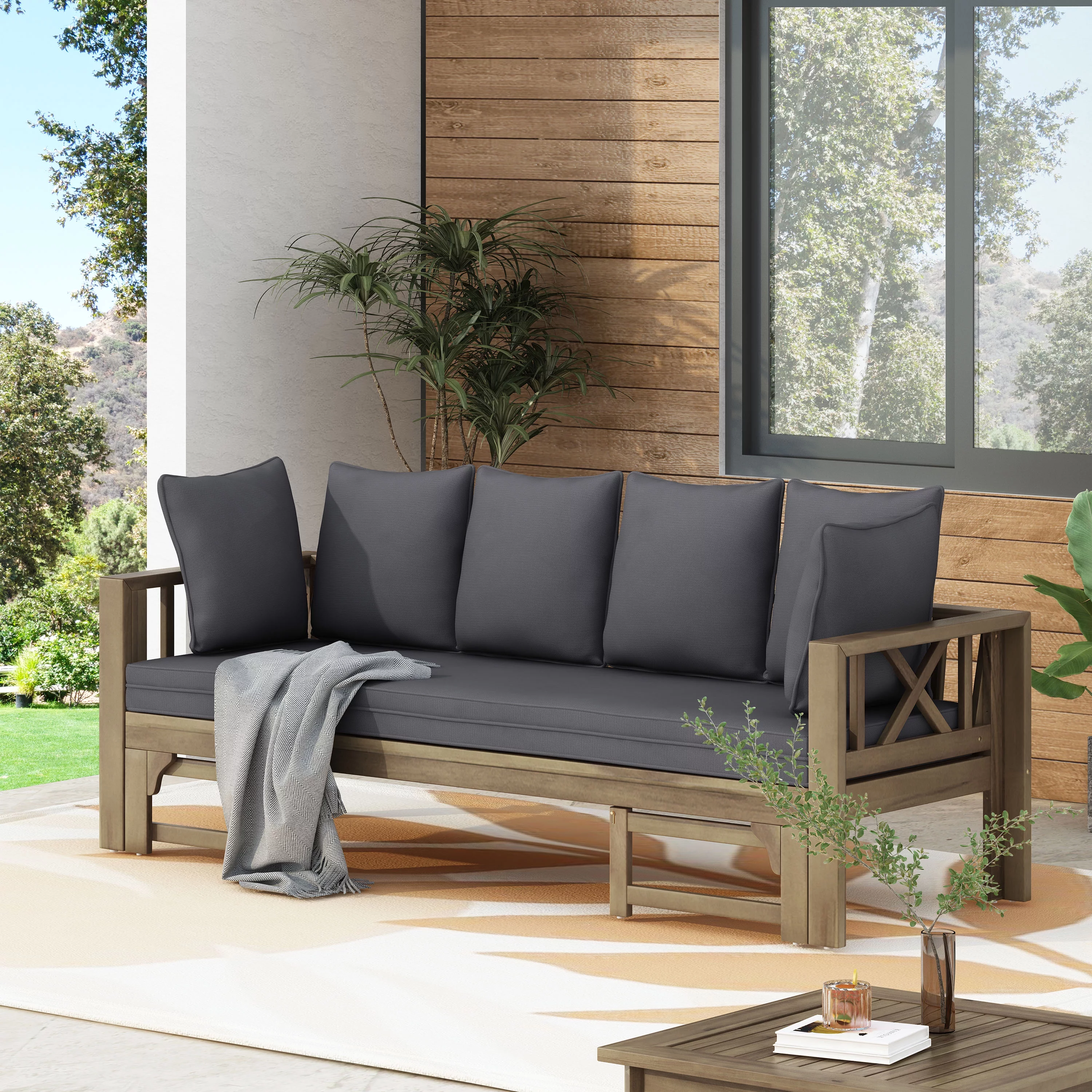 Reyes Acacia Wood Outdoor Extendable Daybed Sofa, Gray and Dark Gray