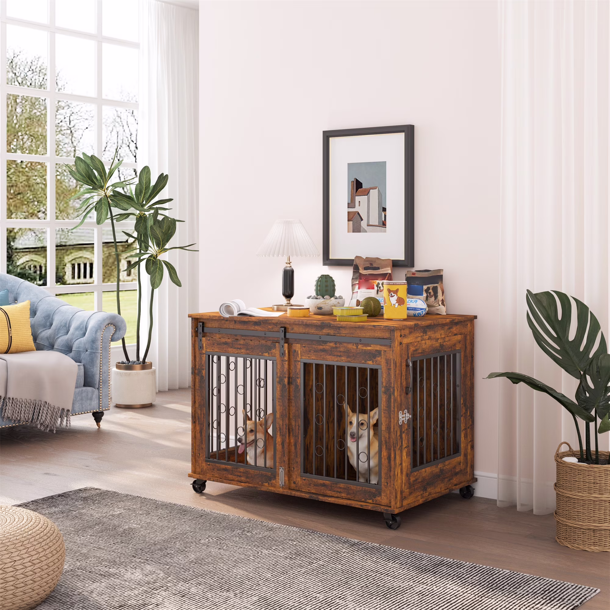 Ostreici 39" Anti-Bite Furniture Style Dog Crate Sliding Barn Door, Dog Kennel End Table w/ Wheels